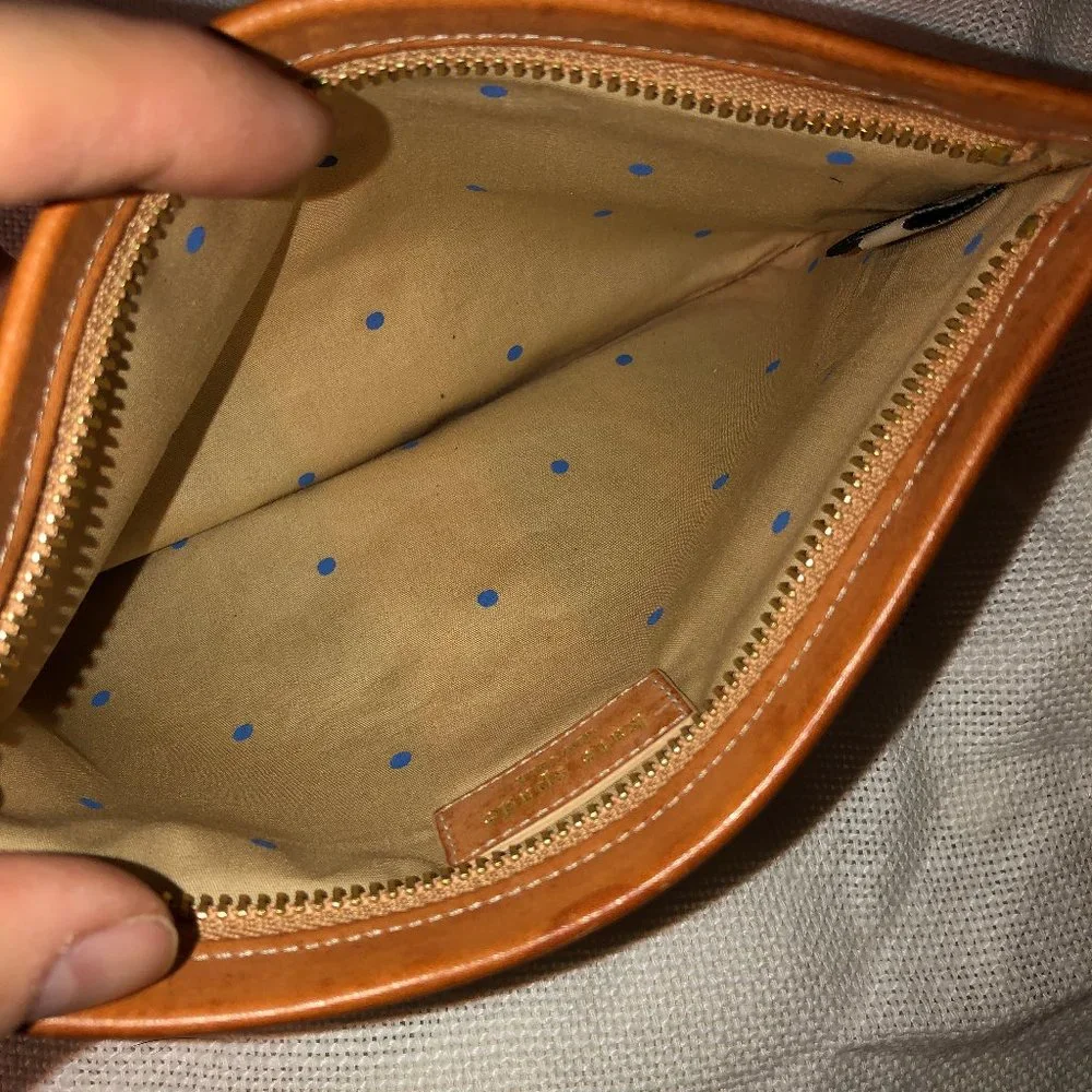 Kate Spade blue green Beach Ball stripe Leather trim zipper pouch bag 8x…